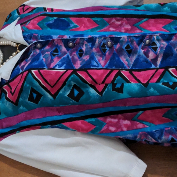 Vintage 90s Caliche Collection geo print gaudy casual button up blouse sz 16 - Picture 4 of 5